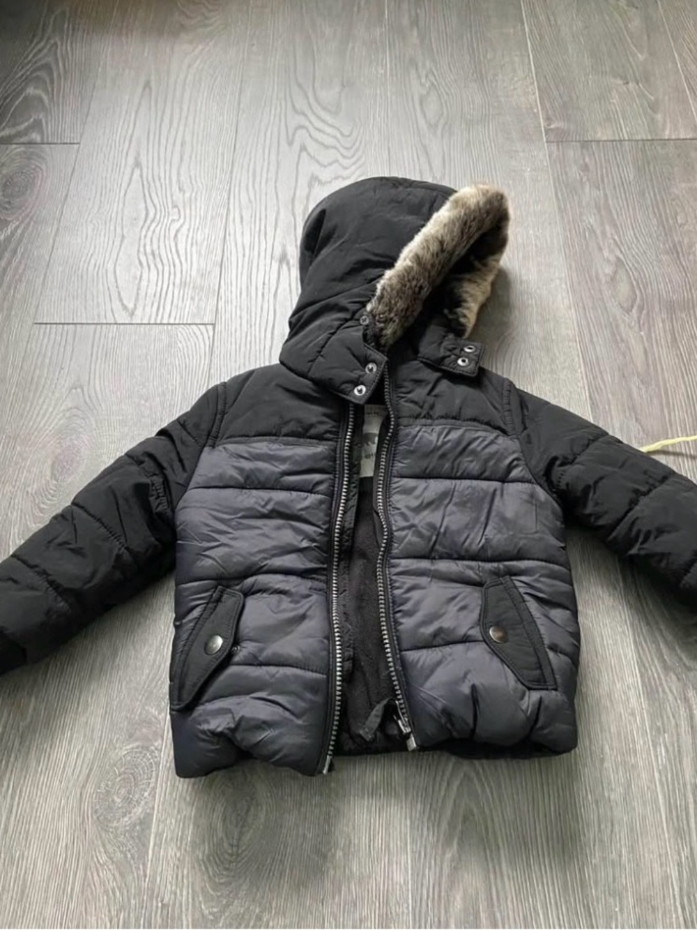 Kids Black Puffer Hooded Coat with Faux Fur Trim